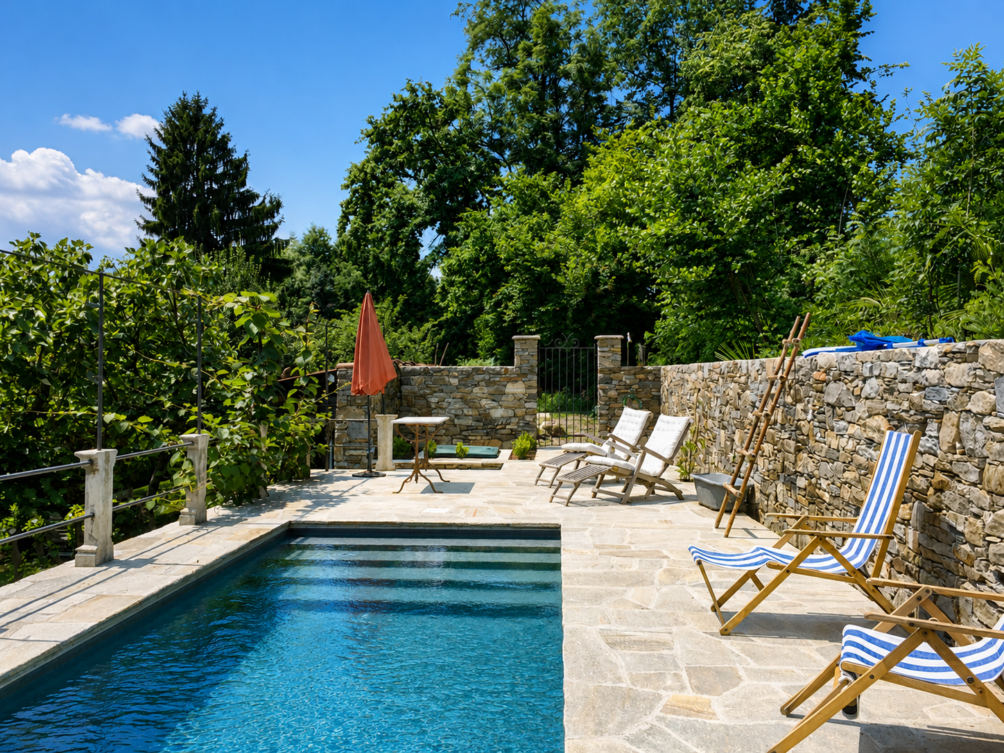 Ca. 7,5 m x 2,5 m großer Pool mit Liegebereich und Außendusche