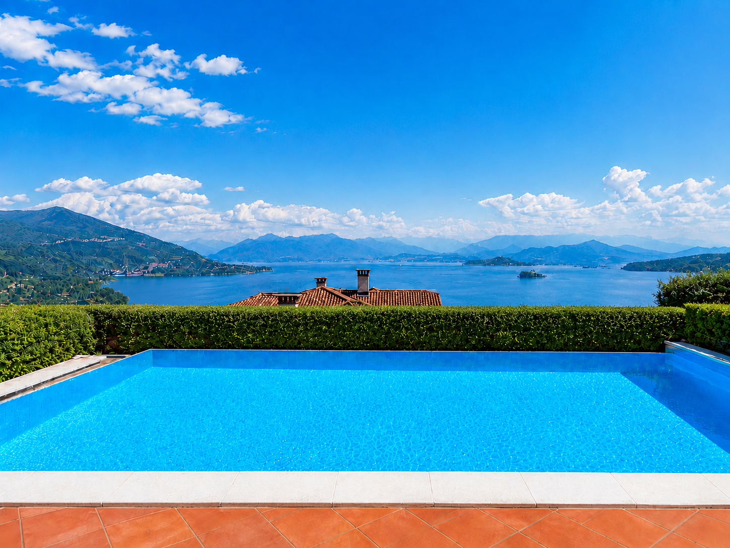 Ca. 9 × 5 × 1,5 m großer Infinity-Pool mit traumhafter Sicht auf Mèina, Solcio, die Berge und den See