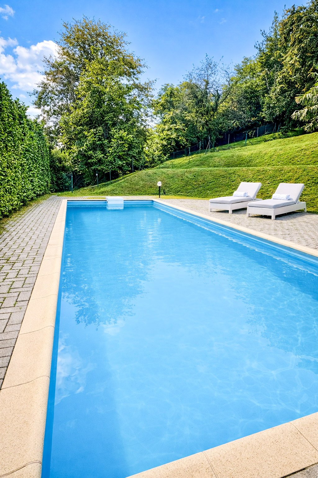 Schönes Gartenschwimmbad (ca. 10,5 x 3,5 m x 2 m) mit Liegewiese